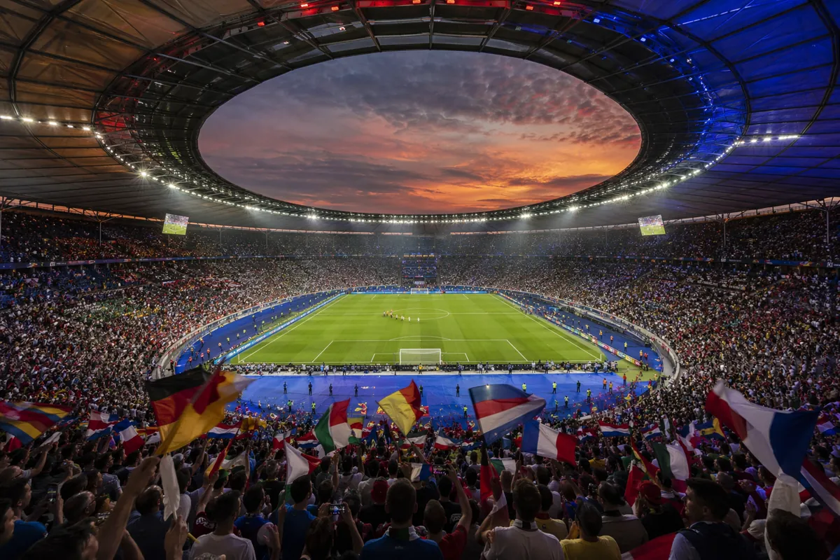 Wide shot of a massive modern football stadium at dusk, filled with cheering fans waving g