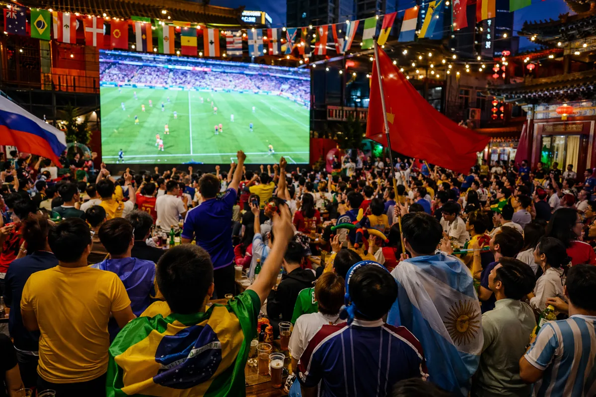 Wide shot of a vibrant World Cup viewing party in a Chinese city, fans wearing colorful fo