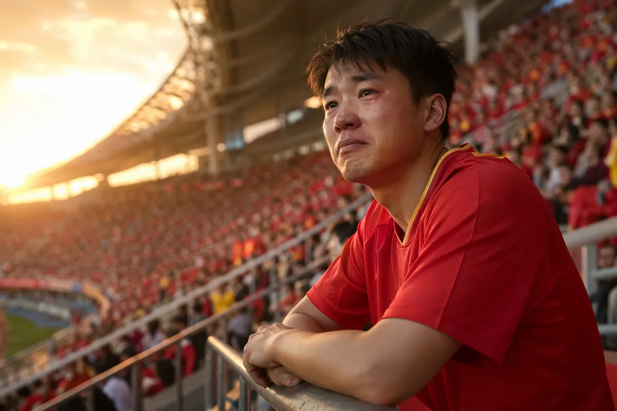 Wide shot of a football stadium stands during golden hour, a single Chinese fan in unbrand
