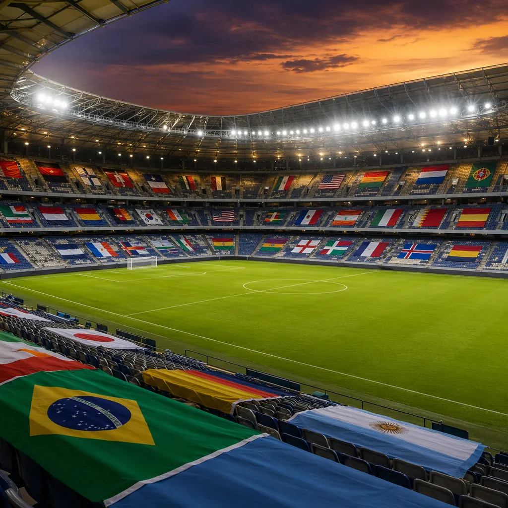 Wide shot of a modern football stadium with bright lights at dusk, empty seats w