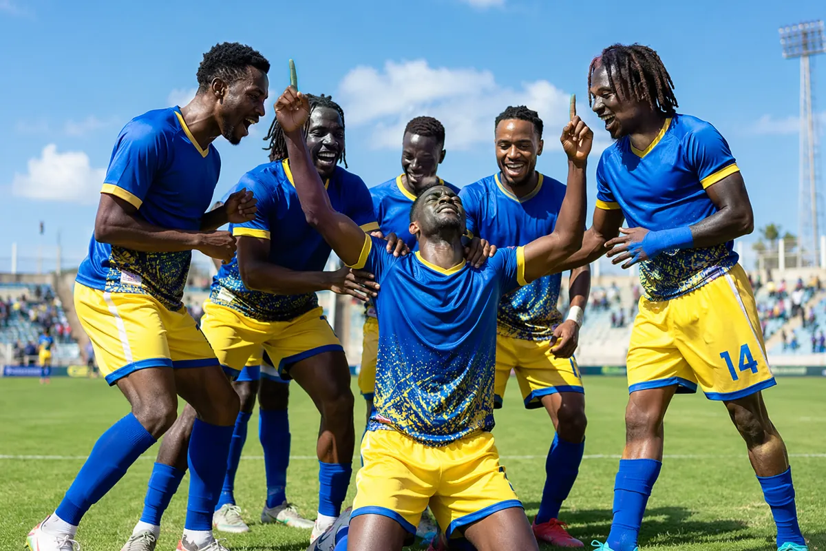 Wide shot of a small Caribbean island national football team celebrating on a sunlit footb