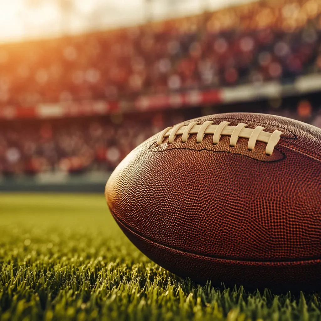 Close up shot of a football on a green pitch with blurred background of cheering