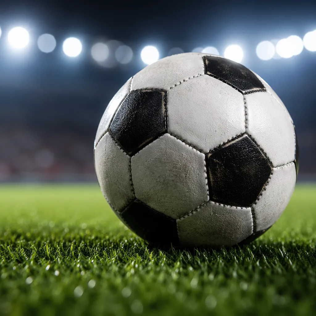 Close up of a classic football resting on green World Cup pitch, soft blur of st