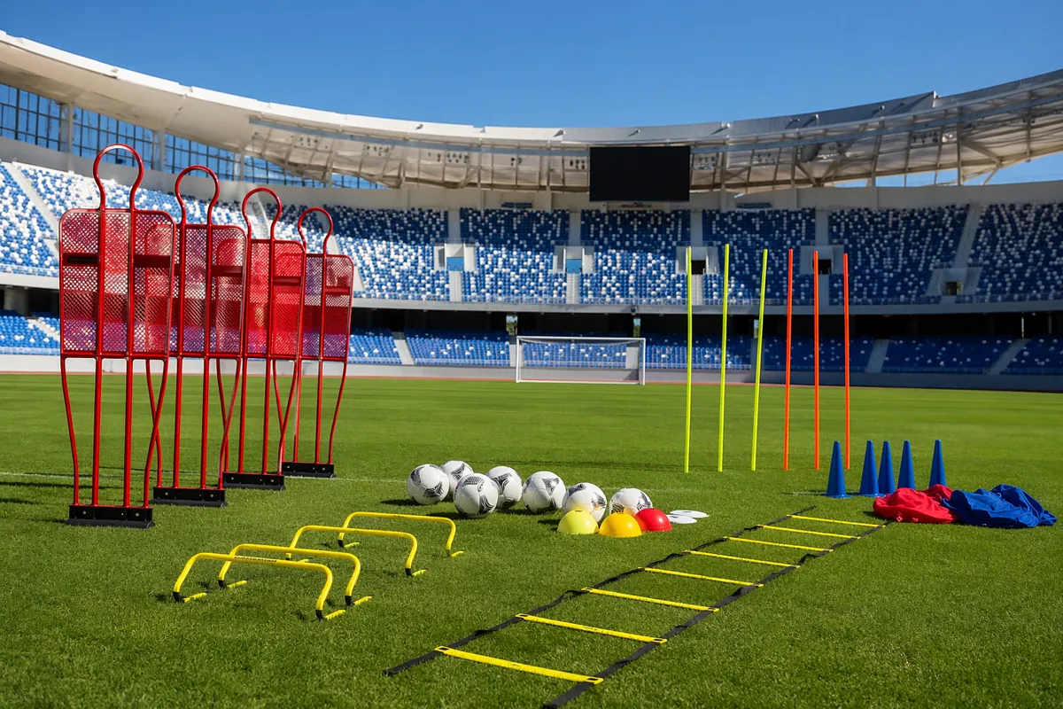 Football team training equipment laid out neatly on a green grass pitch, sunny daytime, mo