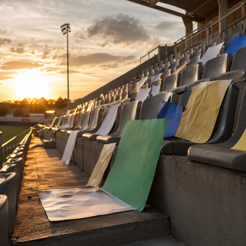 Empty football stadium stands at sunset, scattered handwritten fan signs support