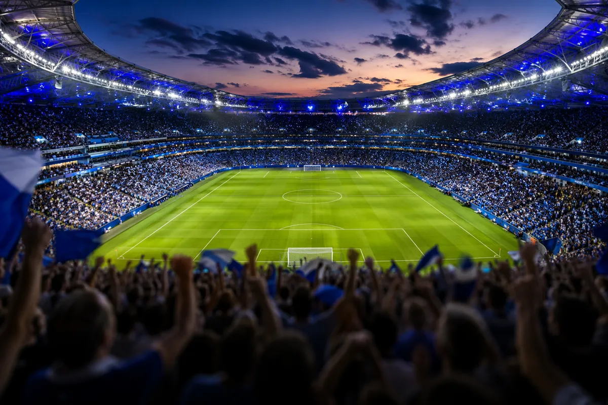 A wide shot of a professional football stadium at dusk, with vibrant blue and white lighti