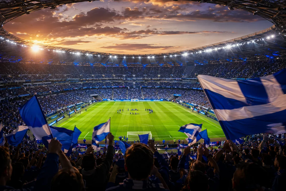 Editorial news photo of a modern football stadium at golden hour, crowds of fans waving bl
