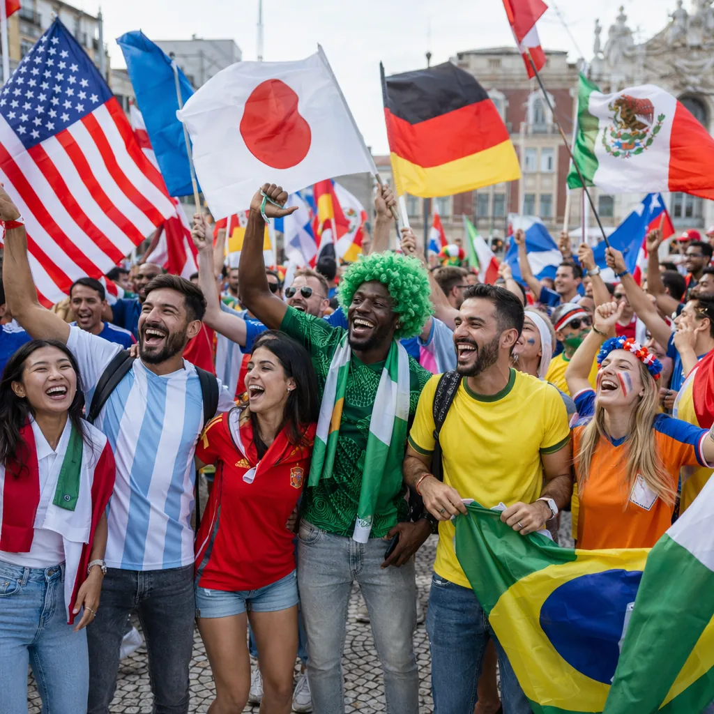 Wide shot of diverse international football fans gathering in a pedestrian plaza