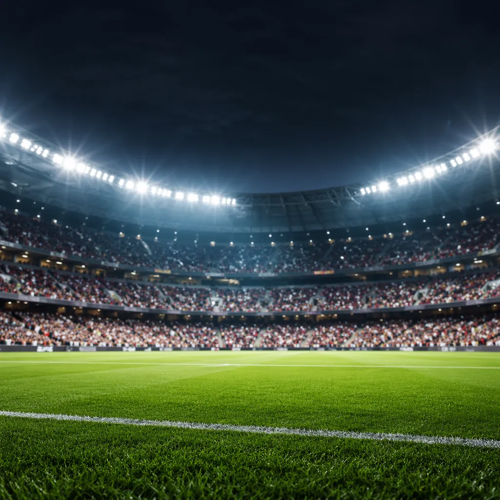 Wide shot of a football stadium during a match, blurred crowd in the stands, bri