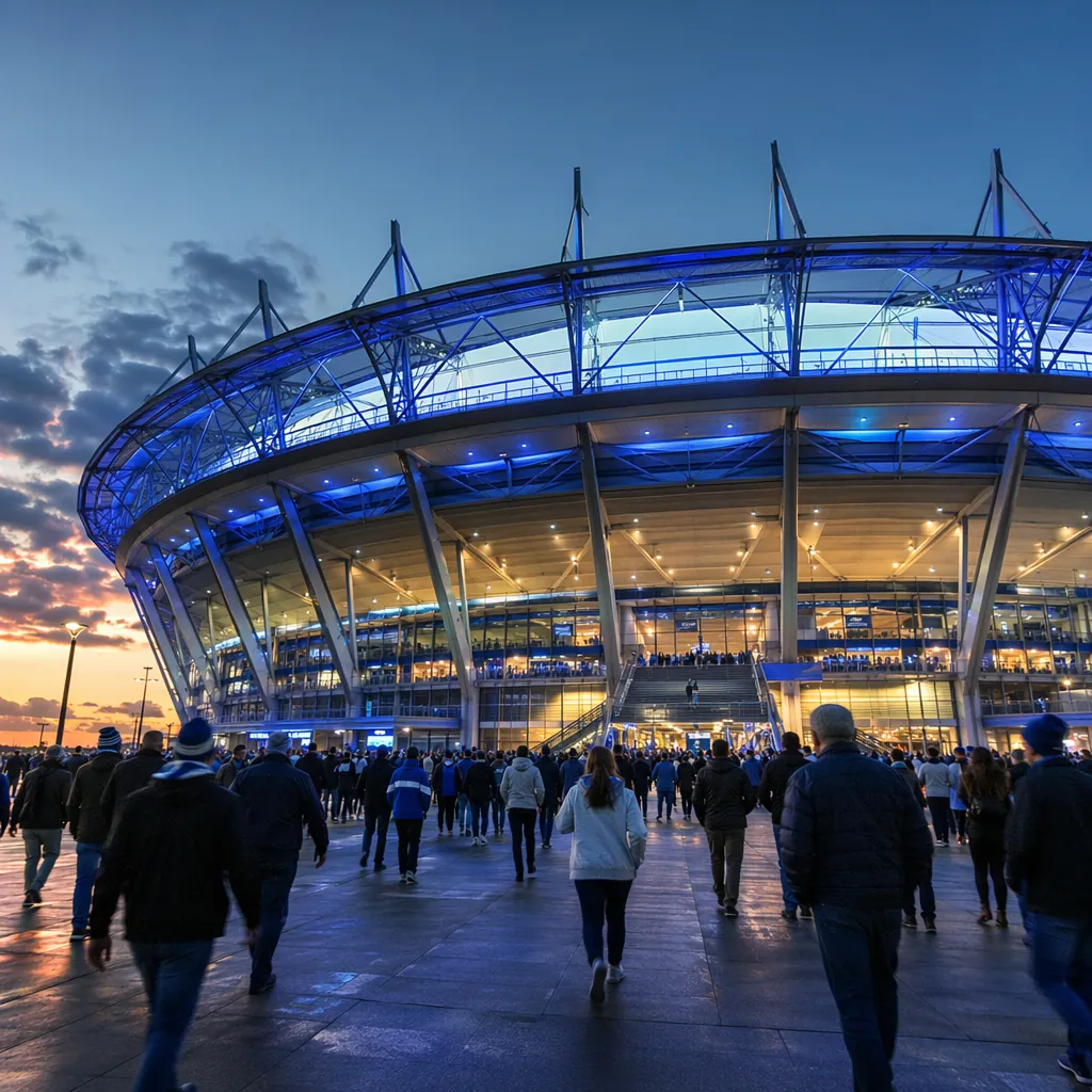 Wide shot of a modern football stadium exterior with LED lights on, fans walking