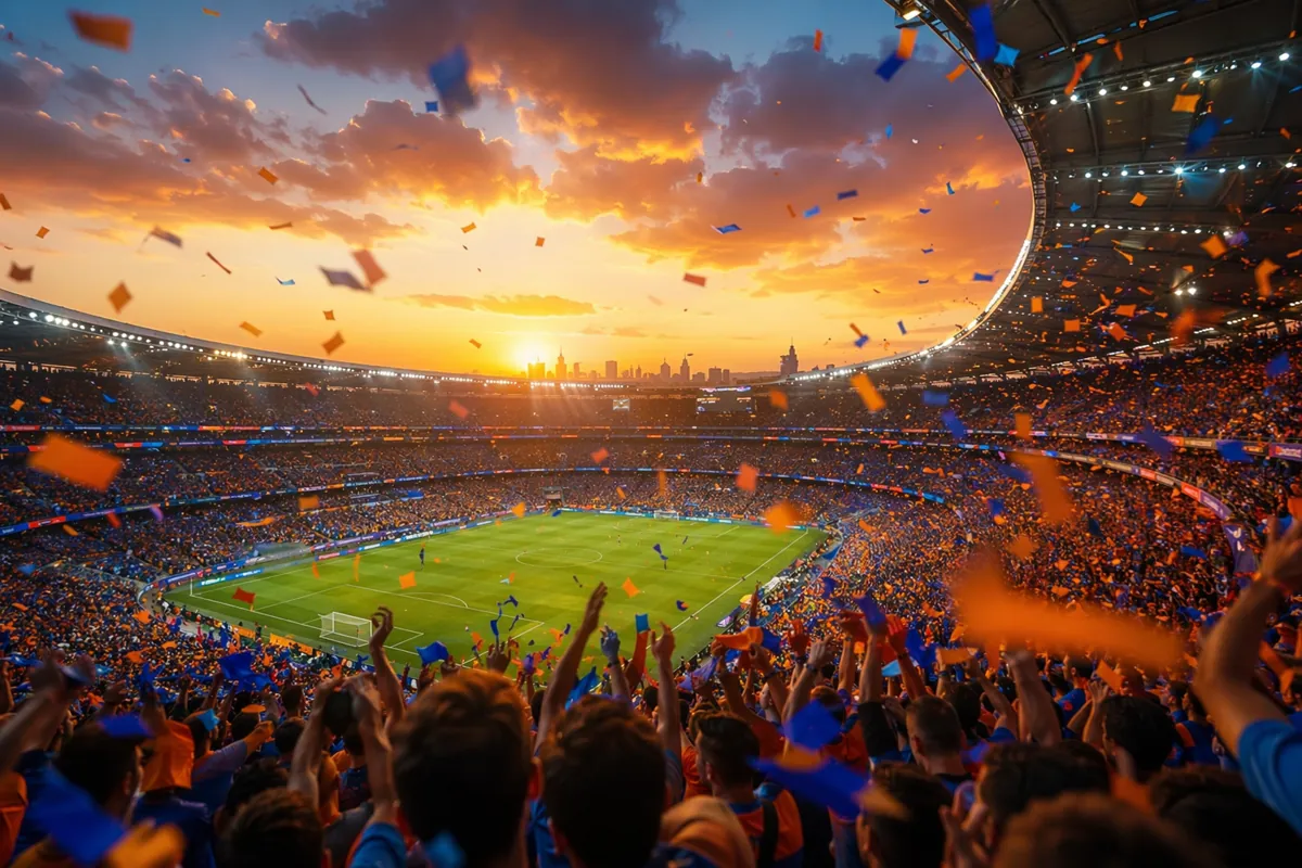 Wide shot of a modern world cup football stadium at dusk, orange and blue confetti floatin
