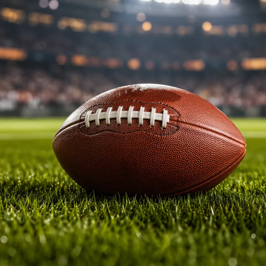 Close up shot of a football resting on a green grass pitch, with soft stadium li