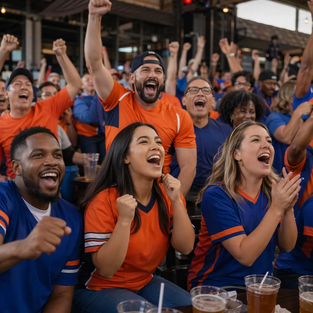 Wide shot of a diverse group of football fans wearing orange and blue jerseys, c