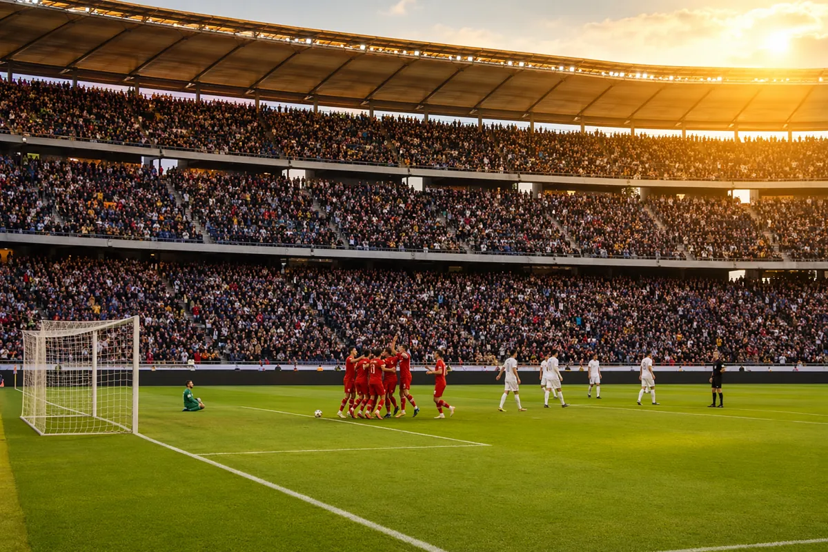 Wide shot of a professional football stadium during an international friendly match, playe
