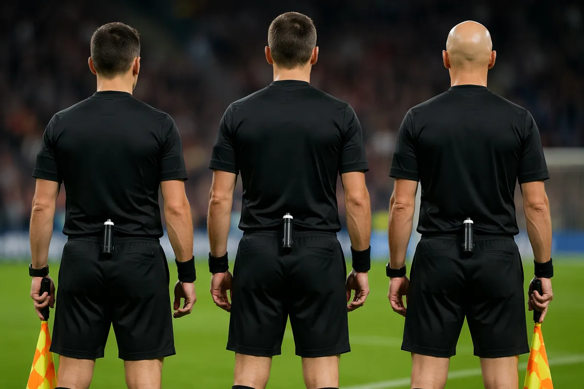 Three football referees in plain black official referee uniforms stand side by side on a g