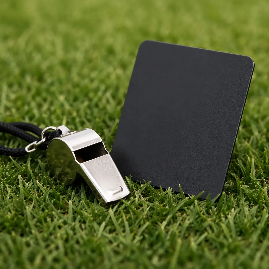 Close-up shot of referee equipment including a whistle and plain referee badge p