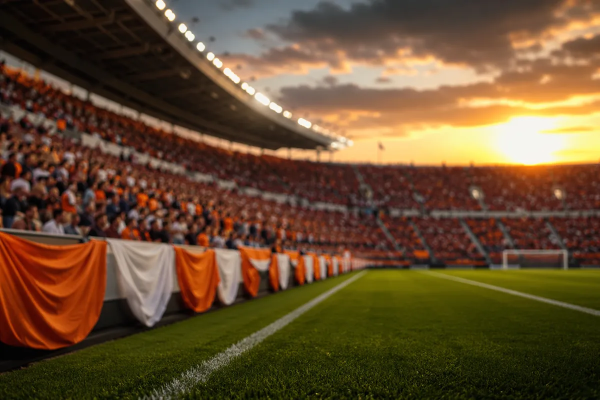Professional football stadium at golden hour, blurred cheering fans in the stands, orange