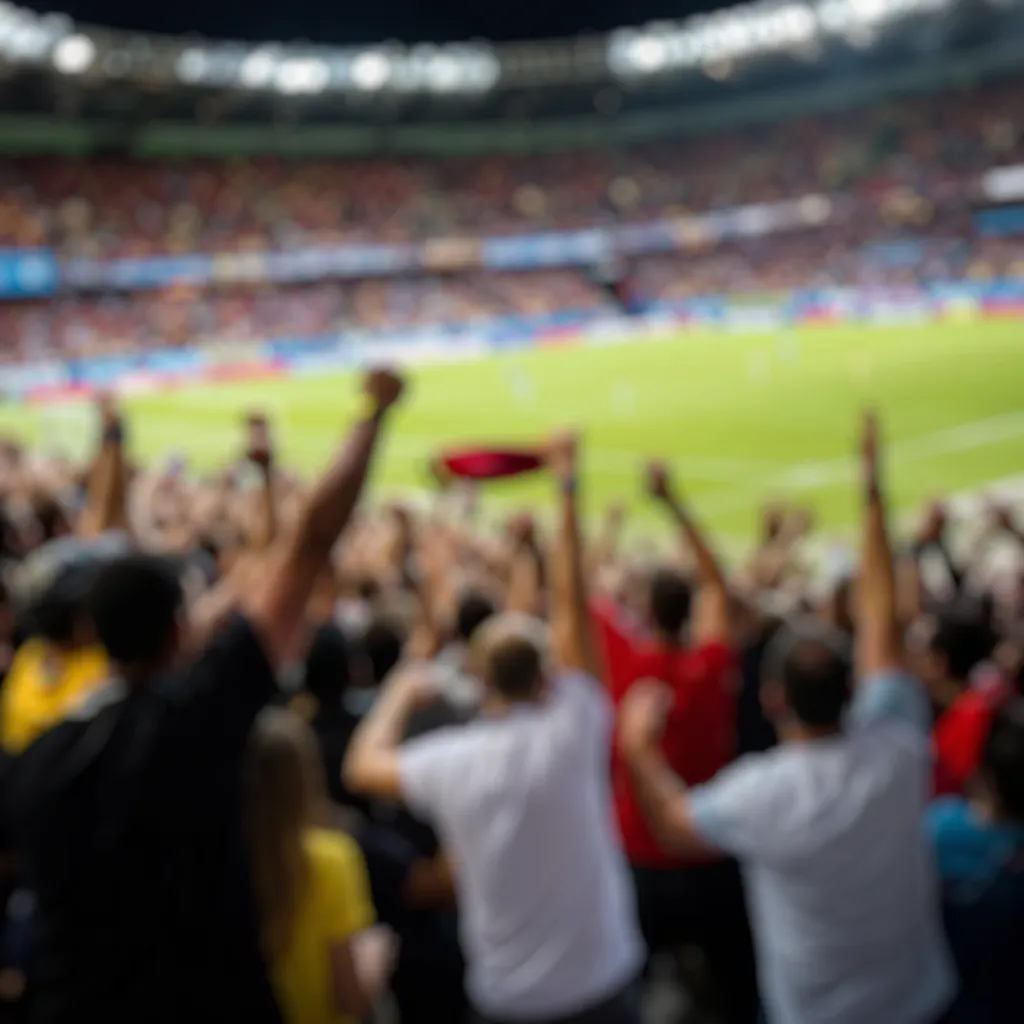 Blurred wide shot of diverse football fans celebrating in a stadium, festive atm